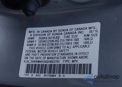 2016 Honda Cr-V Lx из США, поврежденный, VIN 2HKRM4H34GH663795